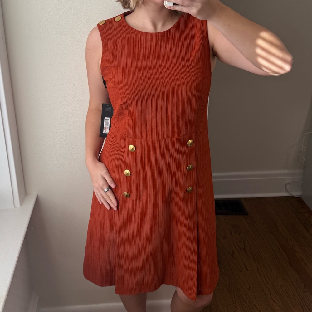 Donna Karan Sleeveless Rust Mini Dress with Gold Buttons